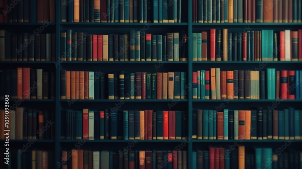 Poster a colorful library bookshelf filled with neatly arranged books, showcasing a variety of covers and s