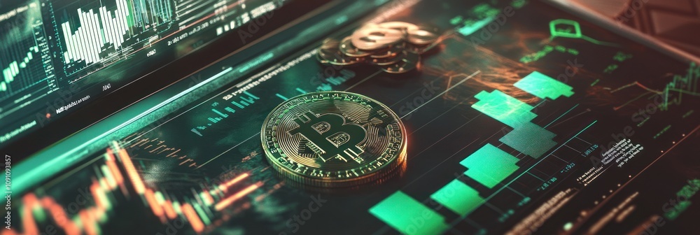 Poster a digital display featuring cryptocurrency charts and a bitcoin coin, symbolizing financial markets.