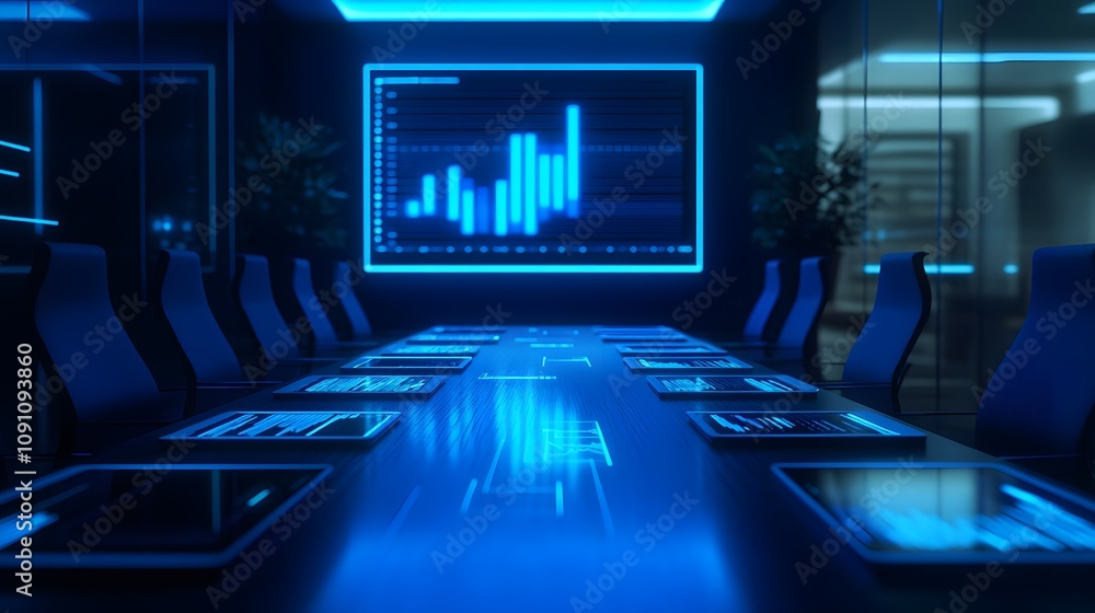 Poster A minimalist conference table featuring 3D glowing devices and 2D animated charts projected from tablets. 4k resolution, Cinematic Scene