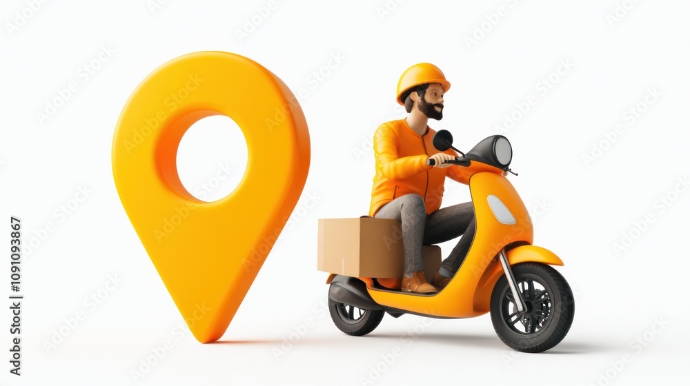 Poster a delivery rider on a scooter next to a large location pin symbolizing navigation.