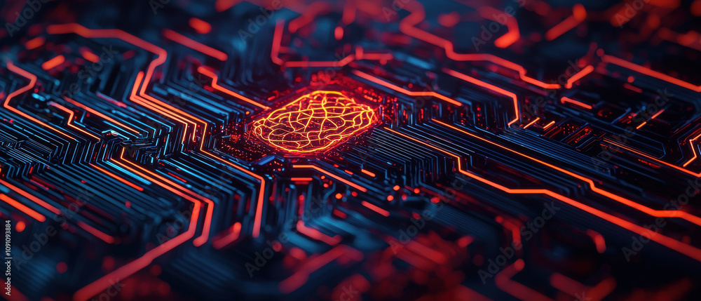 Poster glowing neural patterns on circuit board, showcasing advanced technology