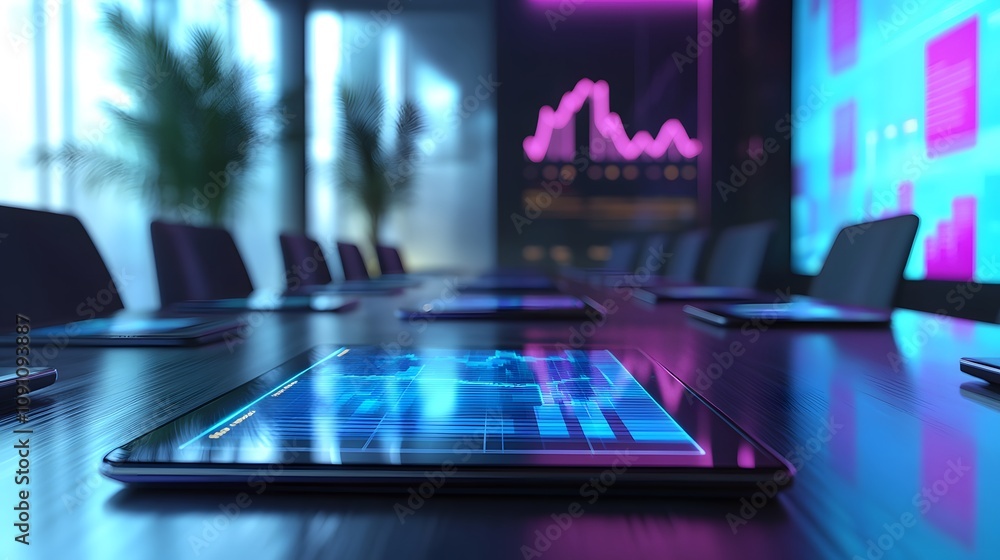 Poster A minimalist conference table featuring 3D glowing devices and 2D animated charts projected from tablets. 4k resolution, Cinematic Scene