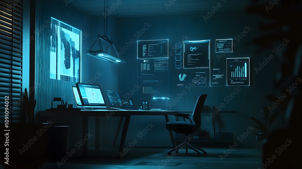 Poster A design team working in a minimalist studio, with 3D glowing product designs and 2D user interface concepts hovering nearby. 4k resolution, Cinematic Scene