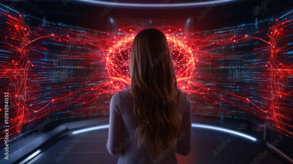 Aufkleber woman observing cyber attack detection with holograms and neural networks