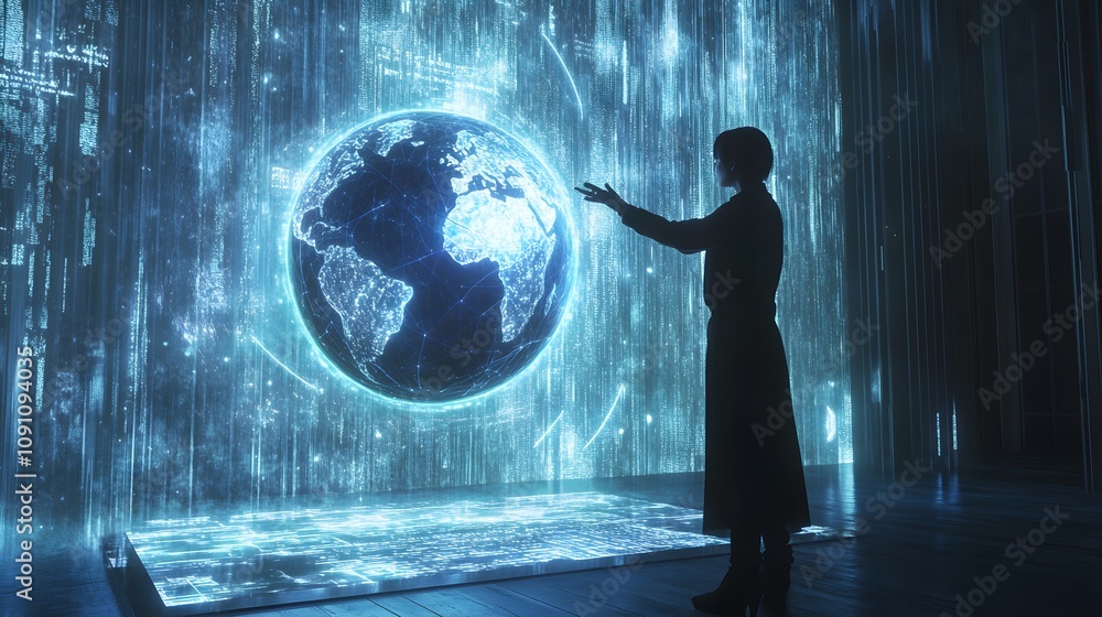 Aufkleber a person interacting with a holographic globe projected from a 3d device, surrounded by 2d glowing i