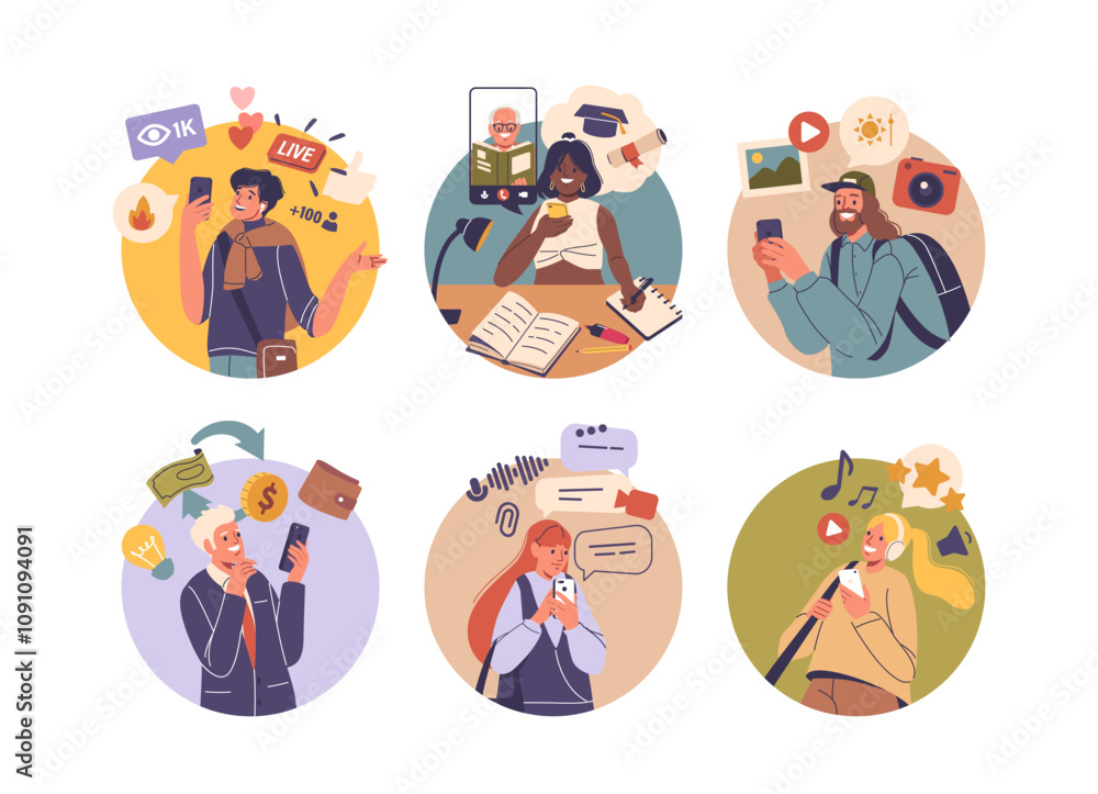 Poster diverse people characters using mobile phone gadgets for different purpose isolated composition