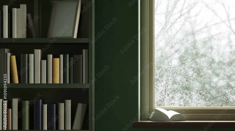 Poster A cozy indoor scene featuring a bookshelf and a window with a snowy view.
