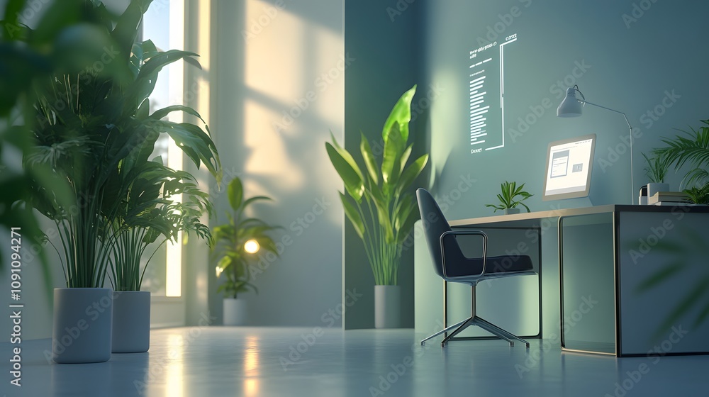 Poster a minimalist office corner with 3d glowing plants symbolizing sustainability and 2d floating busines