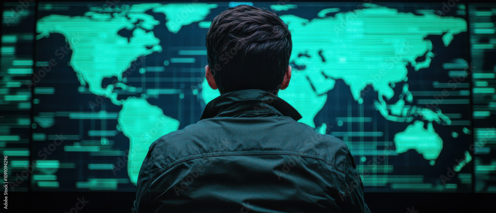 Poster man observing high tech cyber threat map on digital screen
