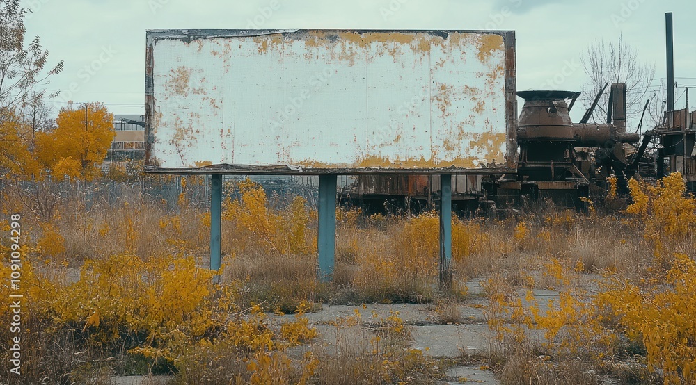 Poster An abandoned billboard in a desolate landscape, surrounded by overgrown plants and rusting machinery.