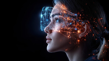 Obraz premium Futuristic woman wearing holographic glasses, exploring digital realms