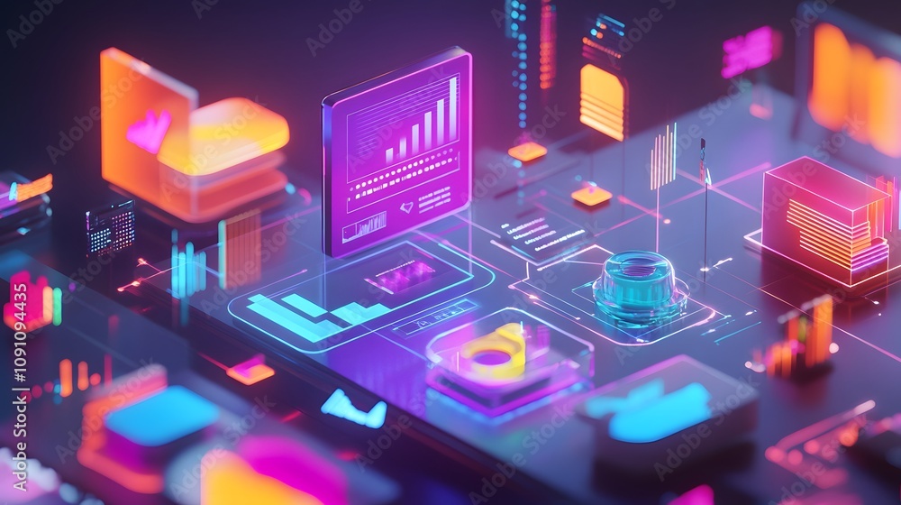 Poster A startup presentation with 3D glowing holograms of the product lifecycle and 2D visual representations of market strategies. 4k resolution, Cinematic Scene