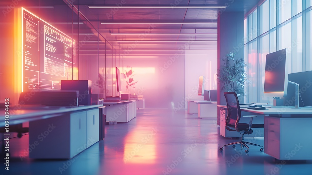 Poster a clean office featuring a 3d glowing timeline of achievements and 2d floating visual highlights of 