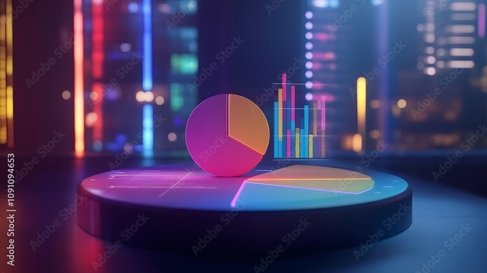 Poster A presentation podium with 3D glowing pie charts of business statistics and 2D animated project outlines. 4k resolution, Cinematic Scene