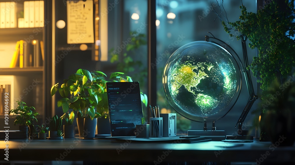 Poster A workspace featuring 3D glowing models of eco-friendly solutions and 2D visualizations of their impact. 4k resolution, Cinematic Scene