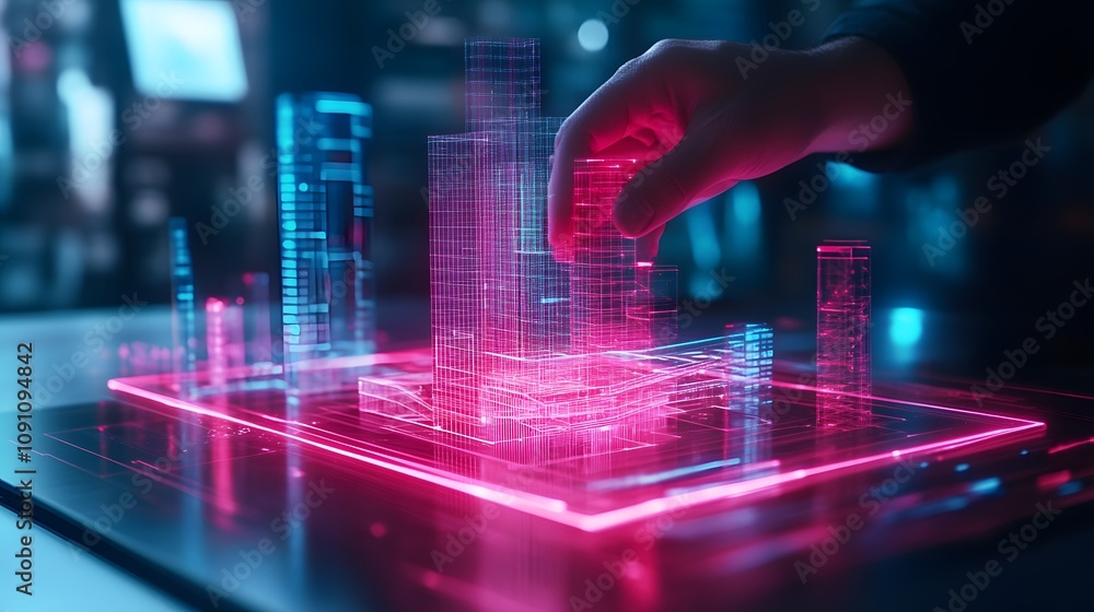 Poster A designer creating a 3D glowing model of a building while 2D holographic structural information floats nearby. 4k resolution, Cinematic Scene