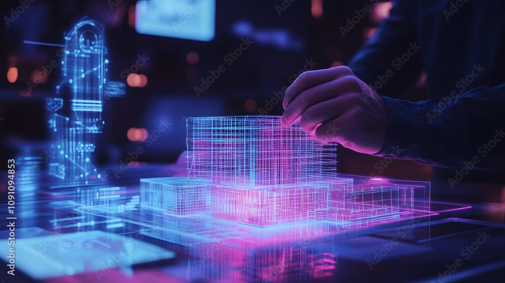 Aufkleber A designer creating a 3D glowing model of a building while 2D holographic structural information floats nearby. 4k resolution, Cinematic Scene