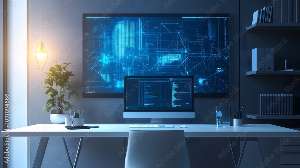Poster A minimalist workspace setup with 3D glowing digital blueprints projected on a clean white desk. 4k resolution, Cinematic Scene