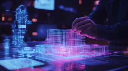 A designer creating a 3D glowing model of a building while 2D holographic structural information floats nearby. 4k resolution, Cinematic Scene