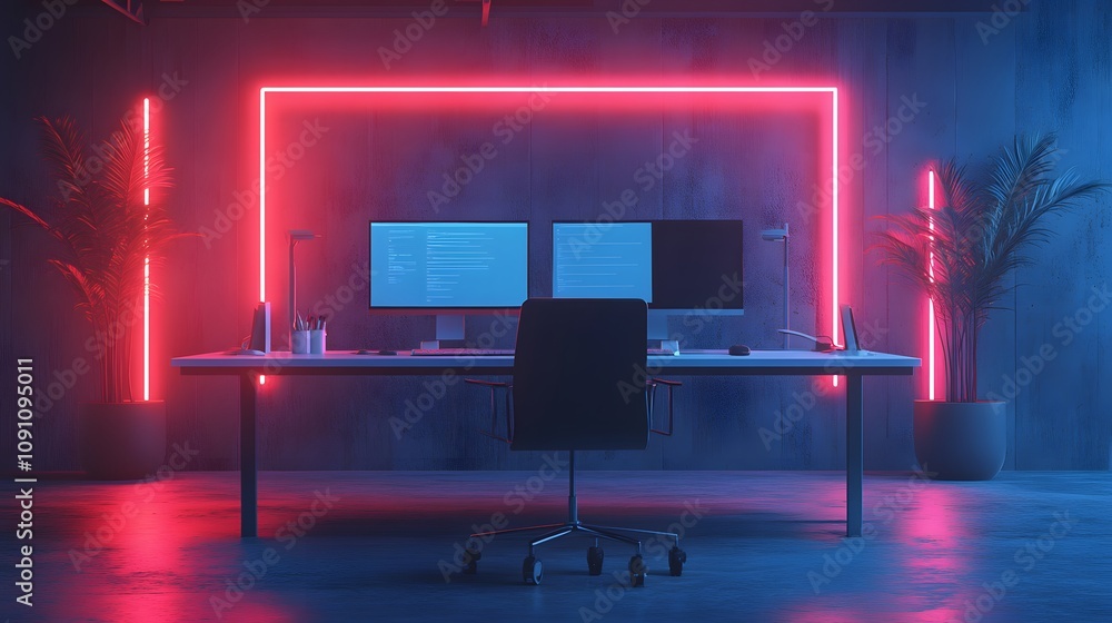 Aufkleber A minimalist coworking space with 3D glowing gadgets and 2D visual trails of collaborative inputs. 4k resolution, Cinematic Scene