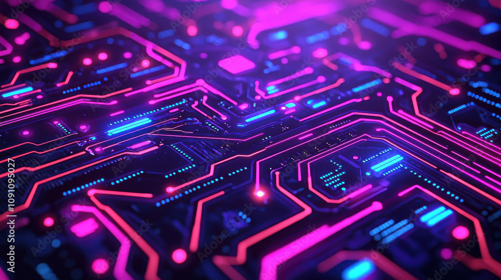 Poster glowing circuit board with vibrant neon colors and intricate patterns