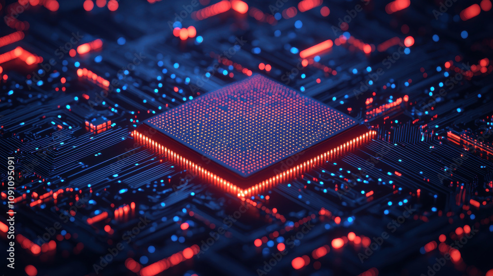 Poster high tech glowing circuits on microchip, showcasing advanced technology