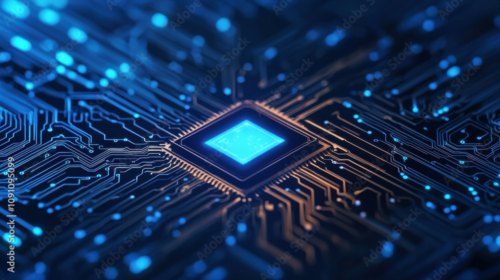 Poster high tech circuit board with glowing blue elements and microchip details
