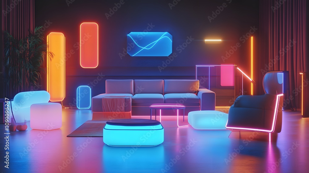 Aufkleber a product concept room showcasing 3d glowing furniture prototypes and 2d animated design statistics.