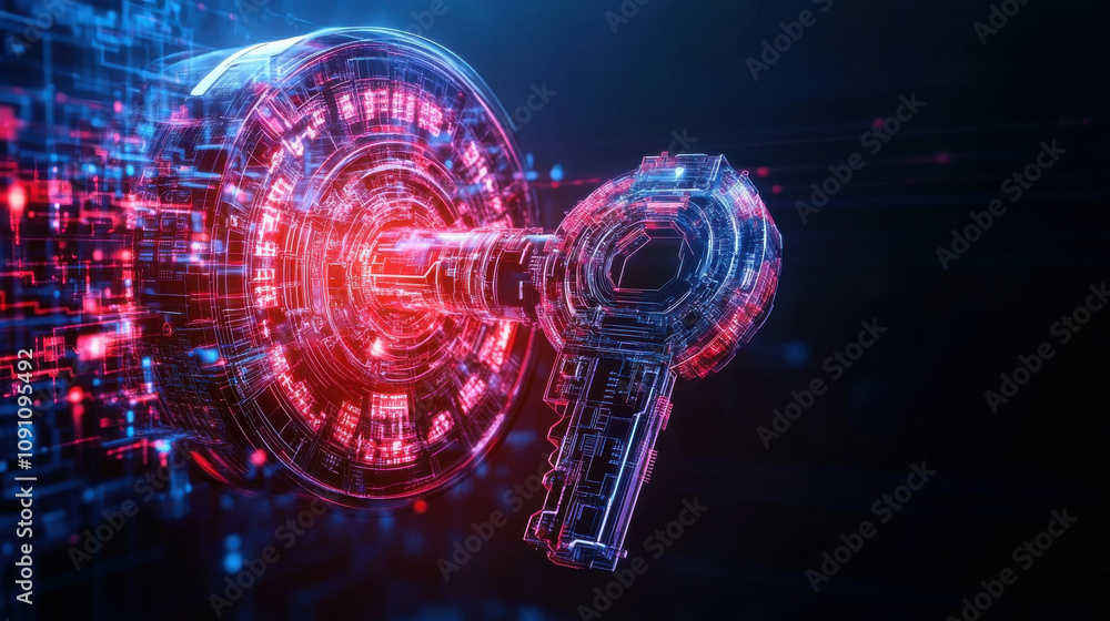 Poster futuristic lock with holographic encryption key, showcasing advanced security technology