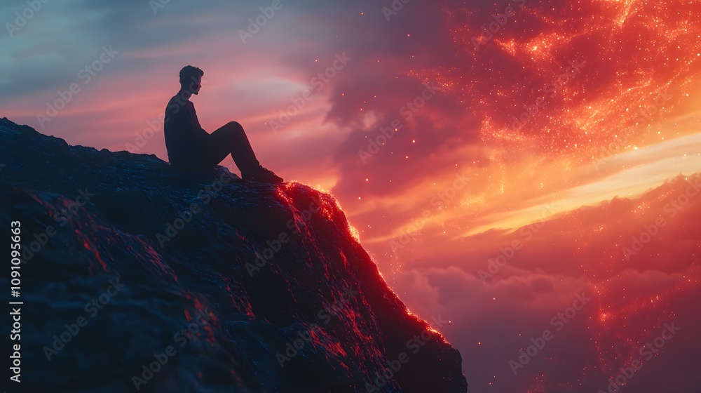 Poster a man sitting at the edge of a cliff, his 3d silhouette merging with 2d glowing outlines of the rock