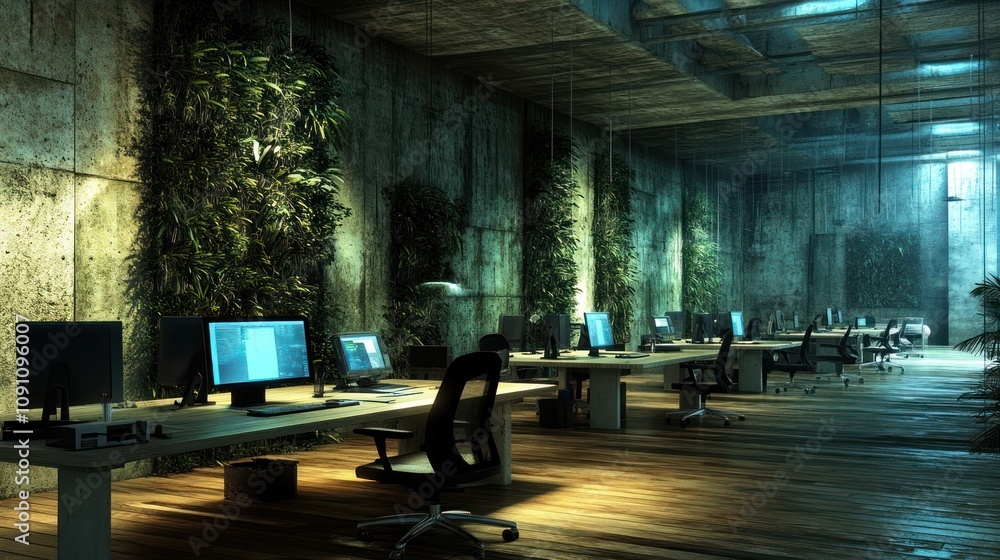 Aufkleber a modern office space with greenery, emphasizing a blend of nature and technology.