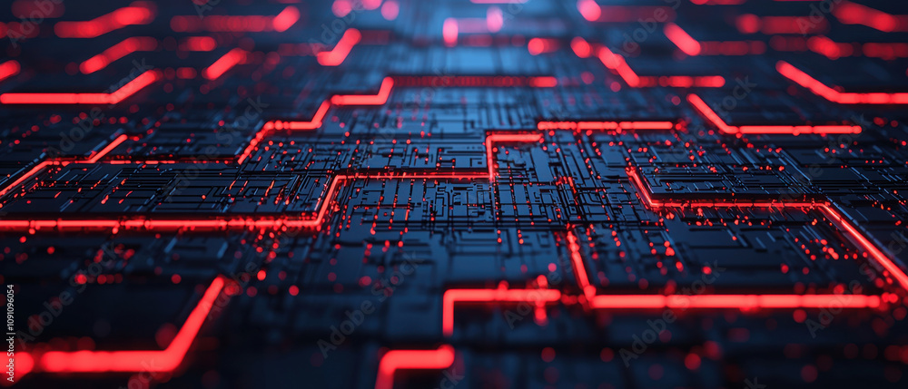 Poster abstract digital circuit with glowing red lines and dark background