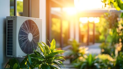A sleek and modern heat pump is mounted on the side of an energy-efficient house, surrounded by lush greenery under warm sunlight