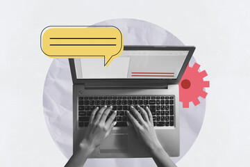 Composite photo collage of hands type laptop device freelancer webpage correspondence notification...