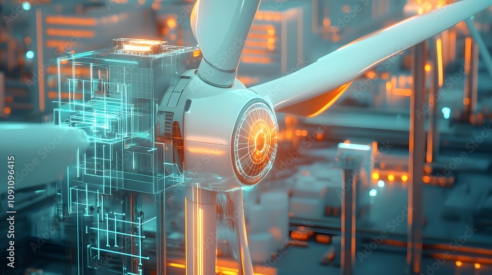 Poster a wind turbine blade assembly line, with 3d tools in action and 2d glowing indicators showing progre