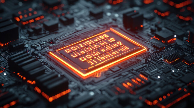 High tech circuit board with glowing orange keycodes and microchips