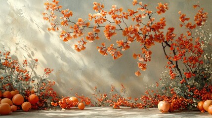 Vibrant orange blossoms and fruits against textured wall in sunlight