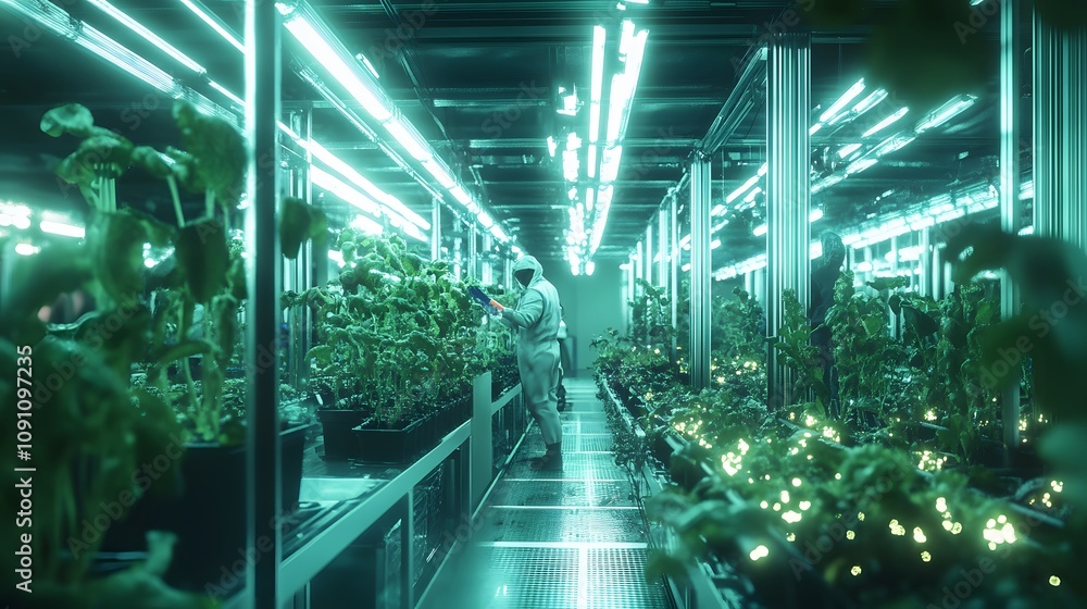 Poster a futuristic industrial greenhouse using hydroponics, with 3d workers and 2d glowing visuals of nutr