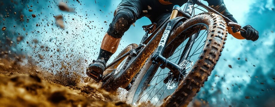 Dynamic shot of a mountain biker kicking up mud on a rugged trail, highlighting speed, action, and outdoor adventure.