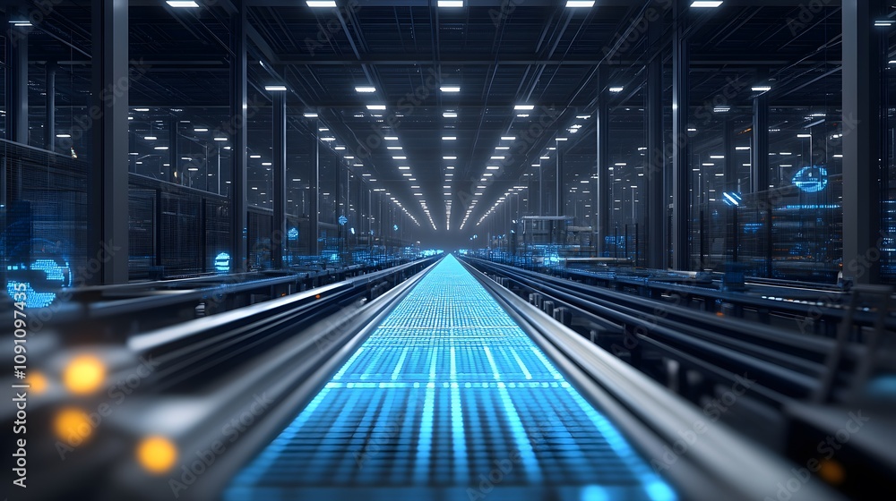 Poster a solar-powered logistics warehouse with 3d conveyor systems and 2d glowing visuals showing energy-e