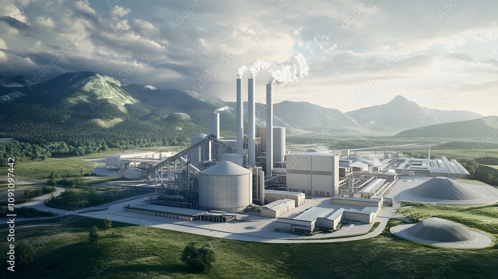 Poster a 3d facility producing zero-emission cement, with 2d animated visuals of carbon capture systems int