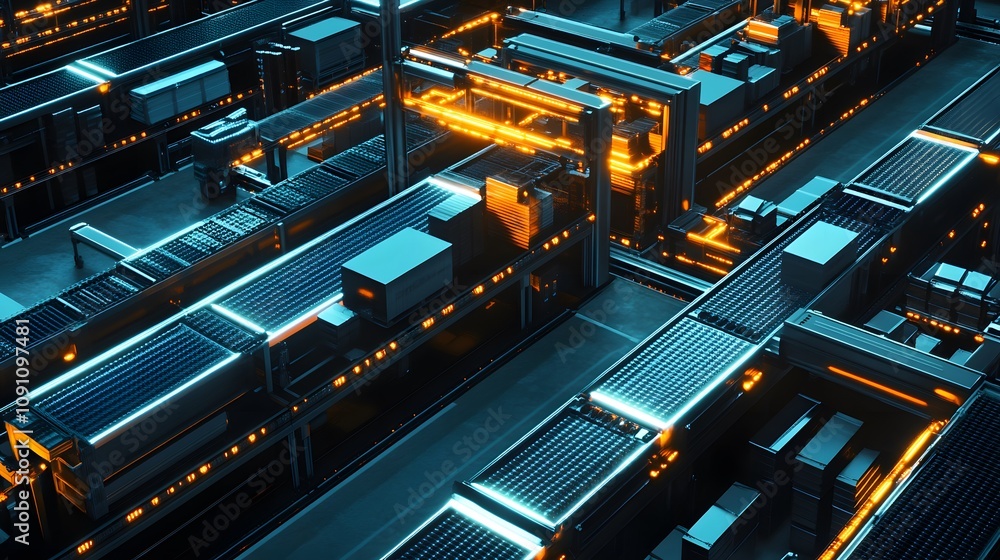 Aufkleber a solar-powered logistics warehouse with 3d conveyor systems and 2d glowing visuals showing energy-e