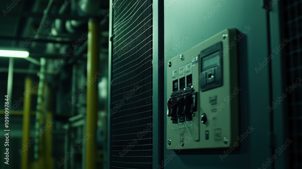 Poster control panel in an industrial setting, featuring switches and gauges for monitoring systems.