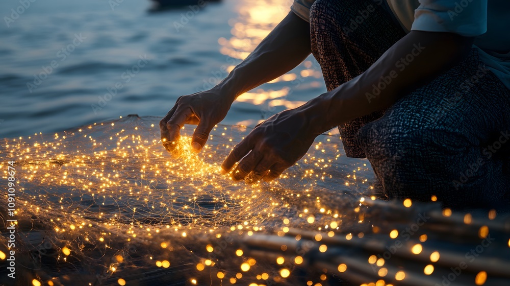 Poster A man repairing a fishing net by the sea, his 3D hands weaving patterns enhanced with 2D glowing threads of livelihood. 4k resolution, Cinematic Scene