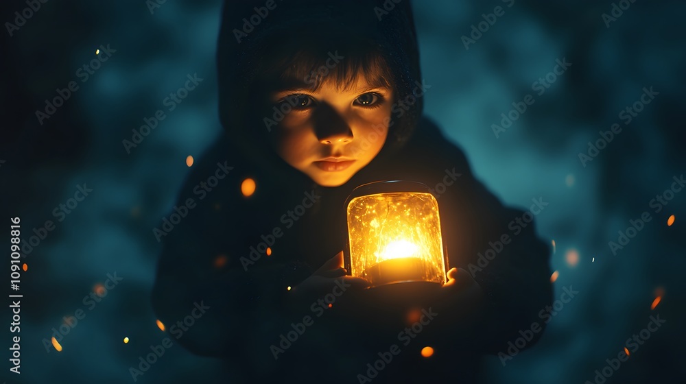 Poster a child holding a lantern in the dark, their 3d figure glowing softly with 2d trails of light symbol