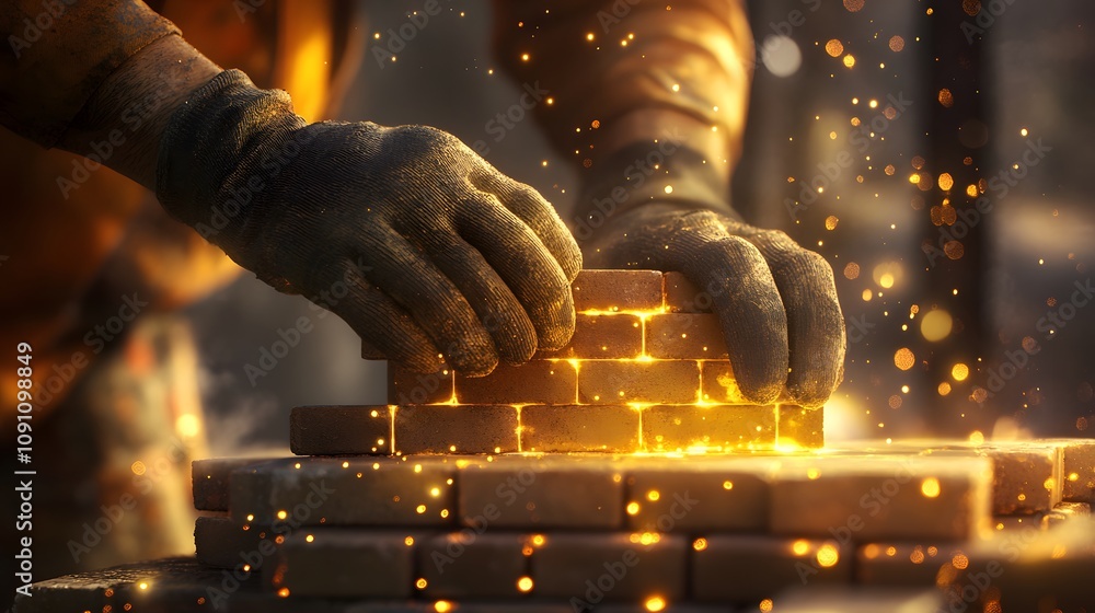 Poster A worker constructing a brick wall, their 3D-rendered hands stacking bricks enhanced by 2D glowing patterns of community building. 4k resolution, Cinematic Scene