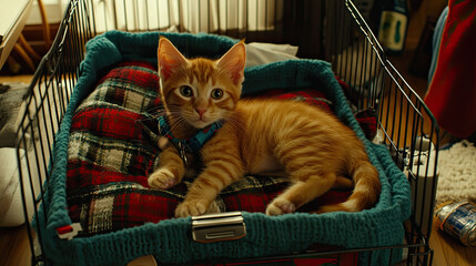 sad ginger kitten in cage