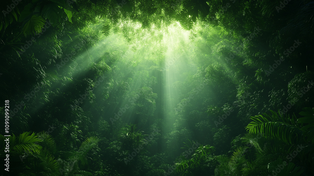 Poster sunlight filtering through the rainforest canopy: a mesmerizing perspective of sunbeams piercing thr
