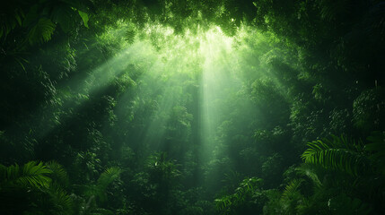 Obraz premium Sunlight Filtering Through the Rainforest Canopy: A mesmerizing perspective of sunbeams piercing through dense foliage, creating a ethereal glow in the heart of the rainforest.