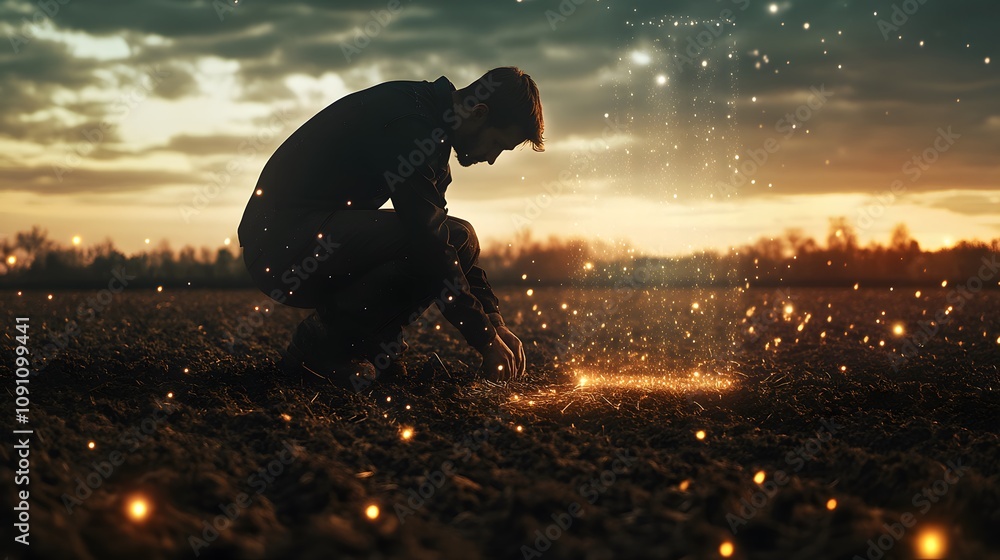 Poster a farmer planting seeds in a barren field, with holographic visuals of growth cycles and future yiel